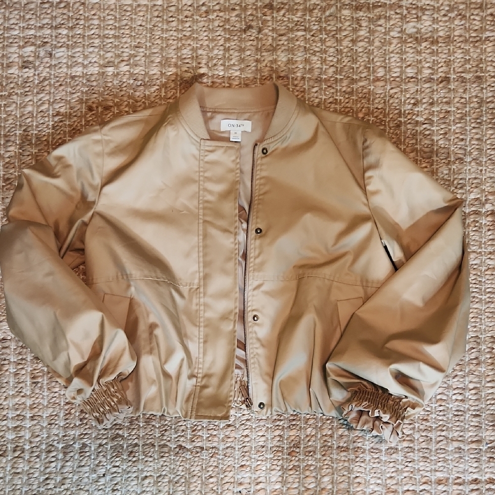 OAK + FORT Tan Cropped Bomber Jacket with Relaxed Fit